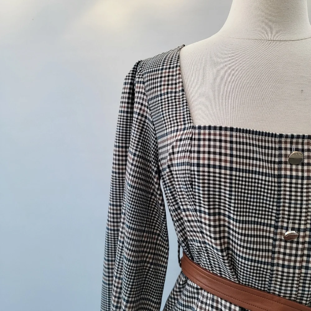 STAUD Plaid Mini Dress Size 8 Glen Check Gray Brown Faux Leather Minimalist Boho - Picture 7 of 16